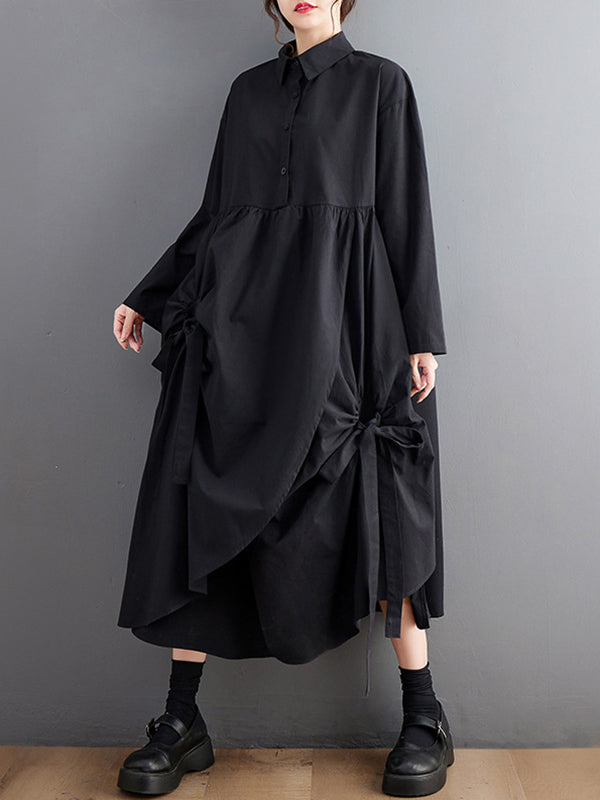 Robe chemise noire élégante à revers boutonnée avec cordon de serrage et poches plissées nouées et manches WS004 