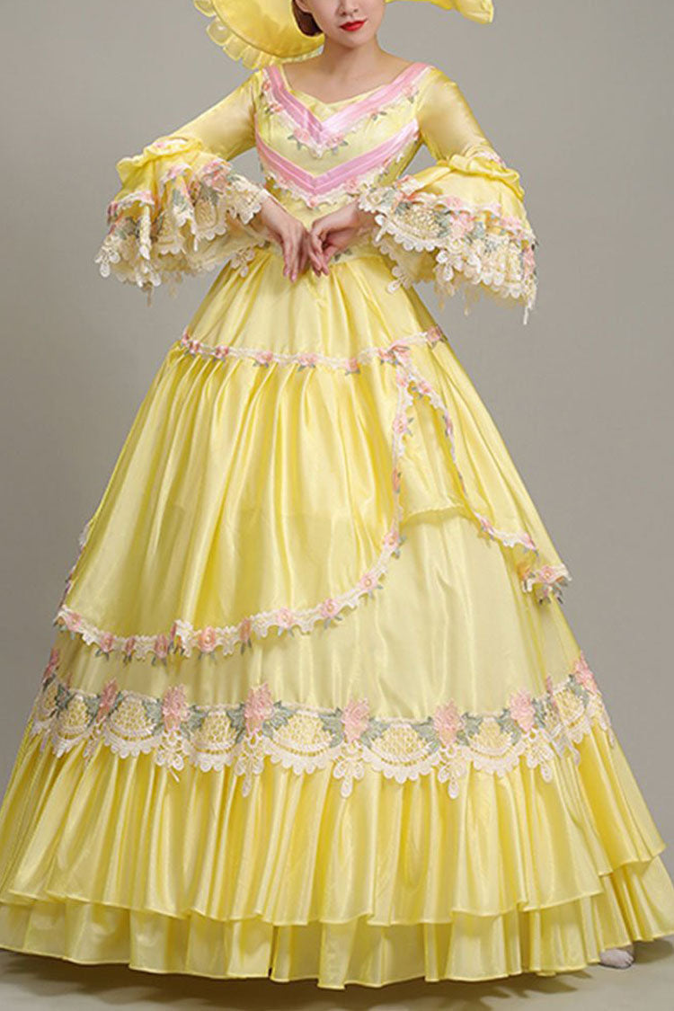 Princess Sleeve High Waist Lace Hollow Floral Ruffled Victorian Tiered Dress