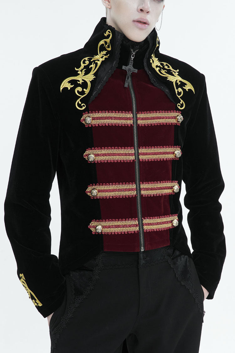 Crimson & Charcoal Vintage Emblem Stitched Swallow-Tail Goth Overcoat