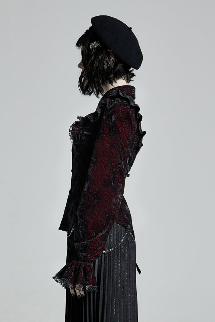 Crimson & Obsidian Stand Collar Floral Embroidery Lace Gothic Blouse