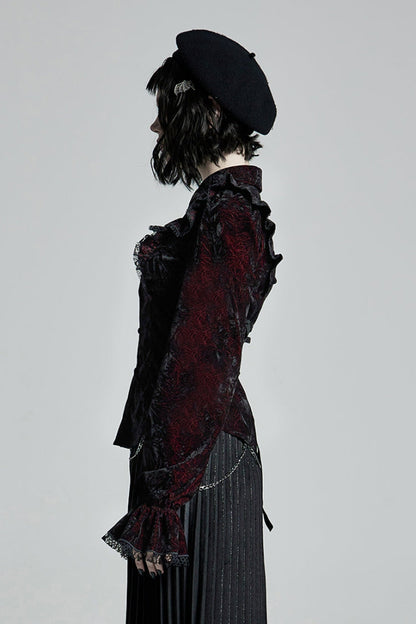 Crimson & Obsidian Stand Collar Floral Embroidery Lace Gothic Blouse