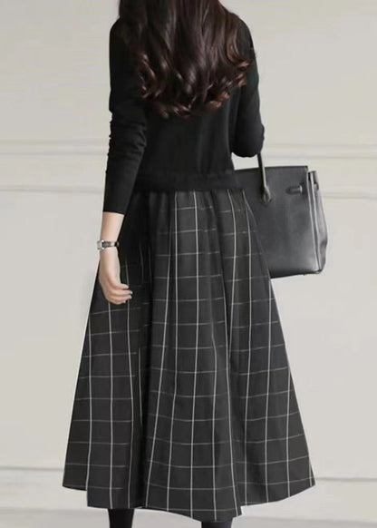 Large Fake Knit Patchwork Two Exra Piece Hem Dresses Black Fitted