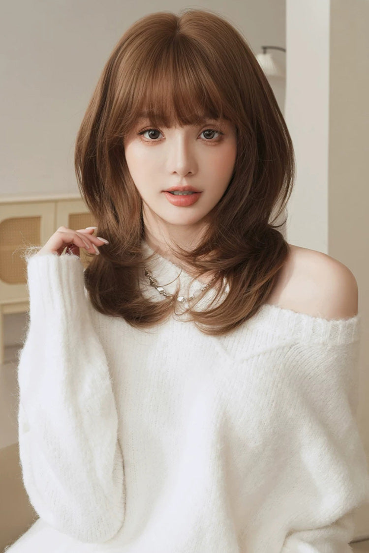 Coffee Milk Full Air Bangs Multi-Layer Collarbone Lolita Wig