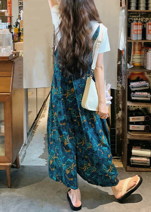 Loose Pants Cotton Print Jumpsuits Waist Blue Summer High