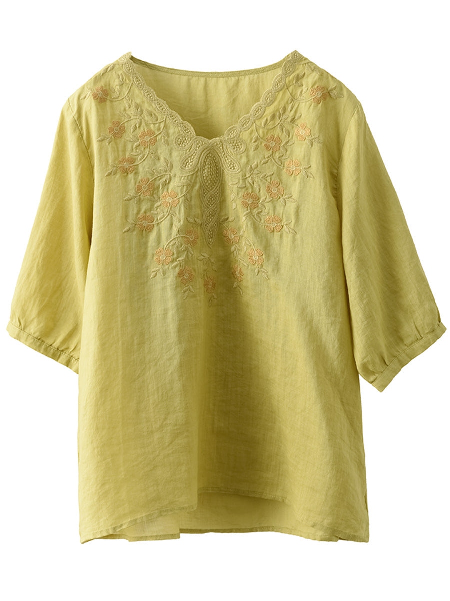 Chemise d'été à col en V avec broderie florale artistique pour femme CC030