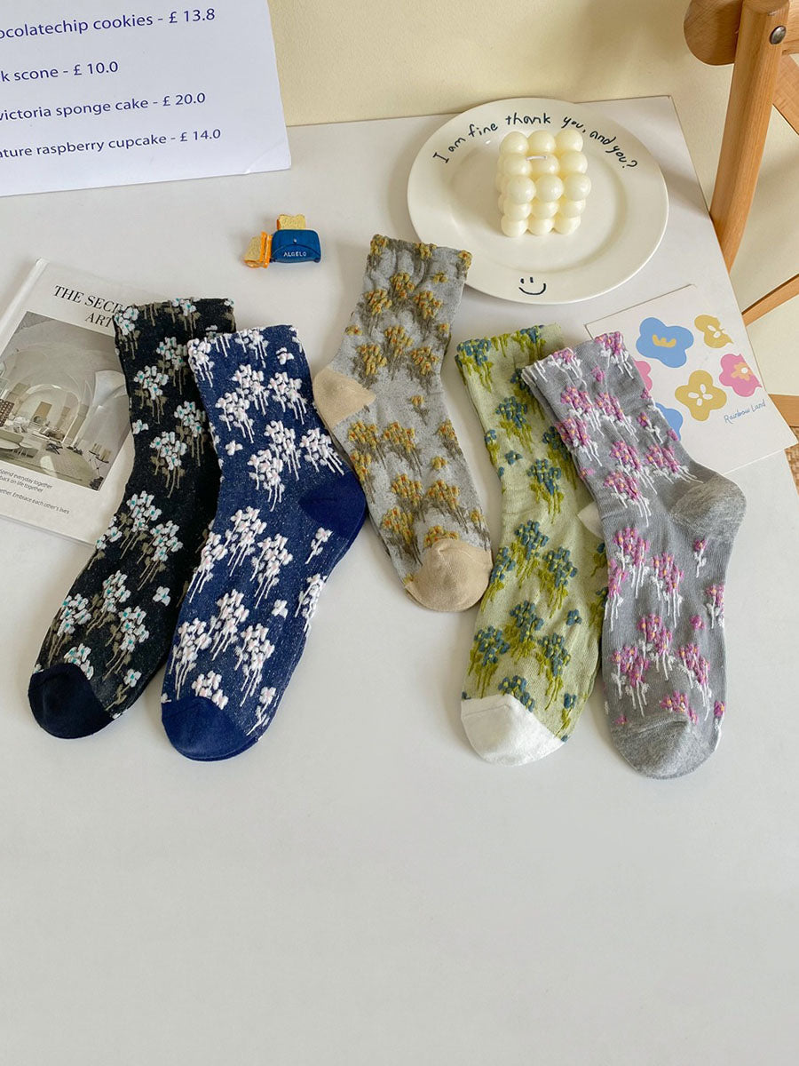 5 Pairs Women Autumn Floral Jacquard Colorblock Socks AV1025