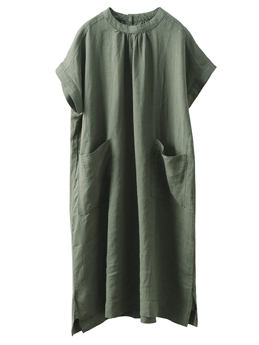 Robe d'été décontractée en lin à col rond et poches solides pour femmes FD002