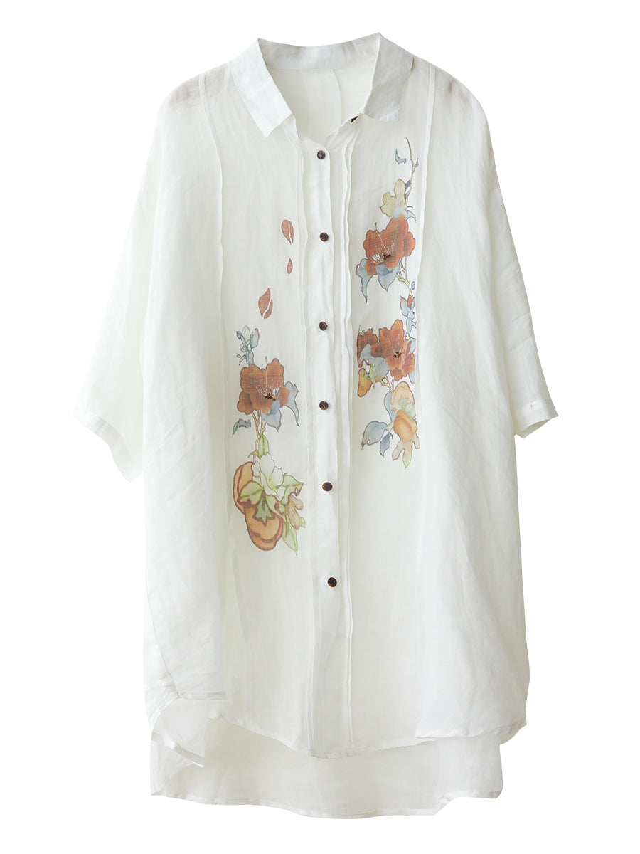 Women Summer Artsy Flower Shirred Button-up Ramie Shirt LL041