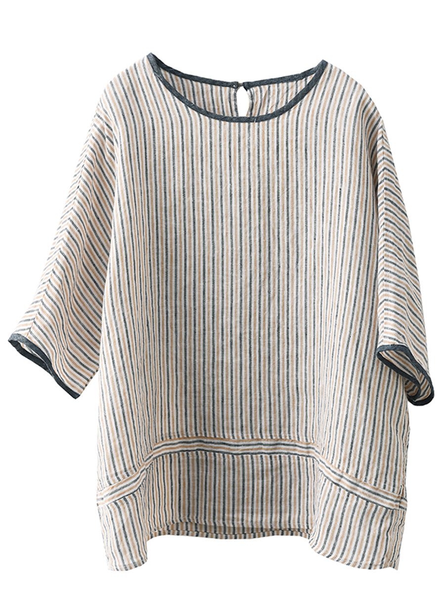 Women Summer Vintage Stripe Spliced Linen Shirt BN1040