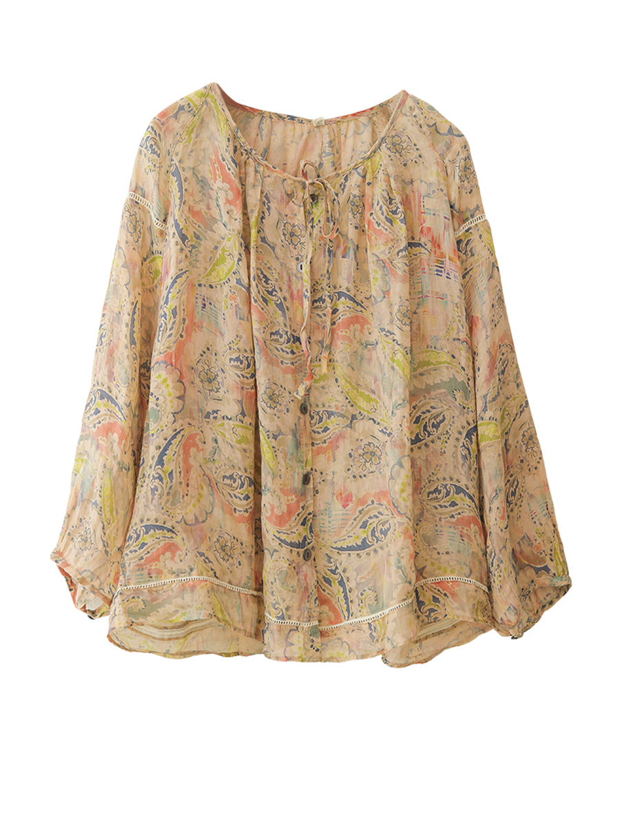 Chemise d'été boutonnée en ramie à fleurs vintage pour femmes RR1013