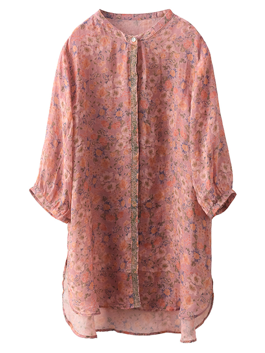 Chemise longue d'été en ramie à imprimé floral artistique pour femme BN1007