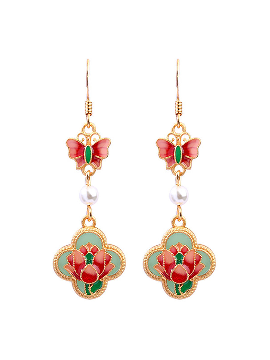 Women Vintage Enamel Flower Butterfly Pearl Earrings AH1086