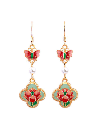 Women Vintage Enamel Flower Butterfly Pearl Earrings AH1086