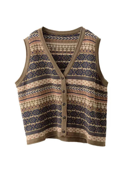 Women Ethnic Stripe V-Neck Cotton Vest WG027