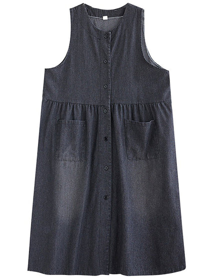 Women Summer Solid Denim Button-up Vest Dress OP1040