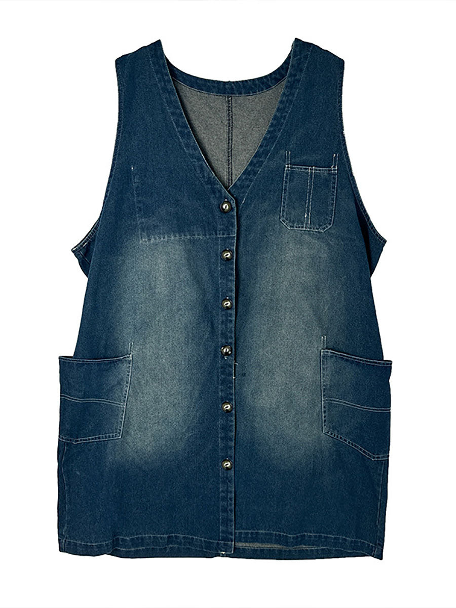 Women Casual Summer Spliced V-Neck Button-up Denim Vest Coat AT1007