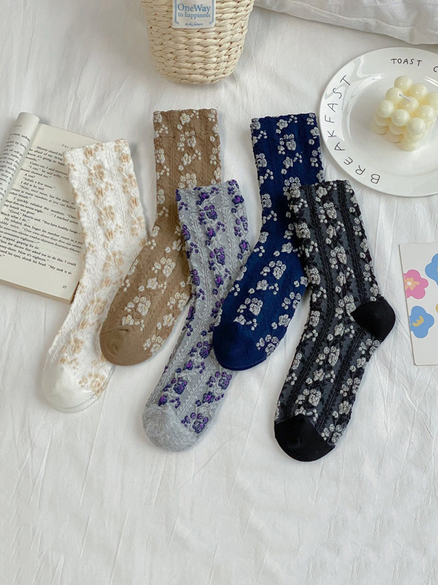 5 Pairs Women Floral Jacquard Cotton Socks AK1035