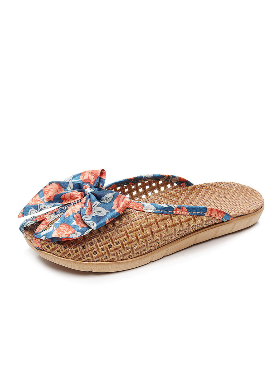 Bowknot Ethnic Weave Women Indoor Slippers Straw Flower