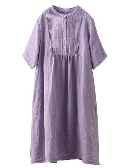 Women Summer Casual Solid Shirred Button Linen Dress HH019