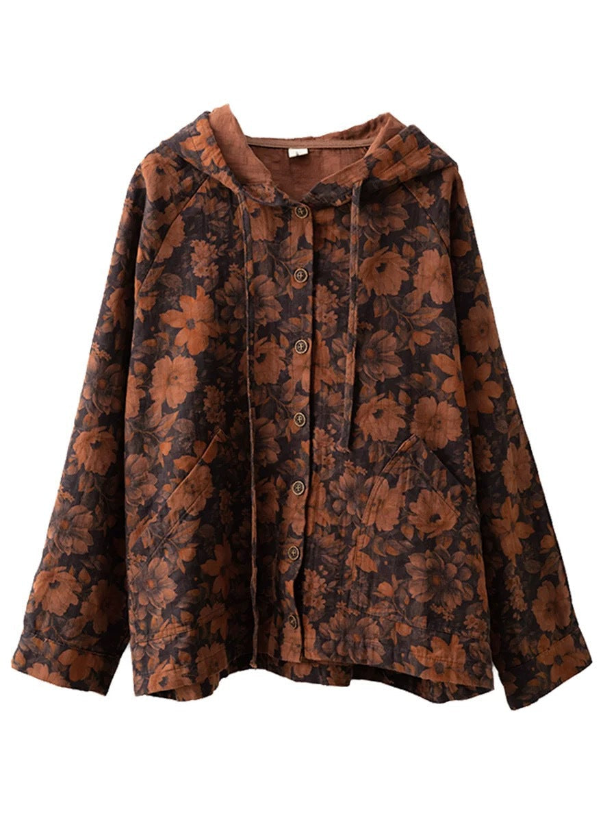 Women Vintage Autumn Flower Button Cotton Linen Hooded Coat AH1013