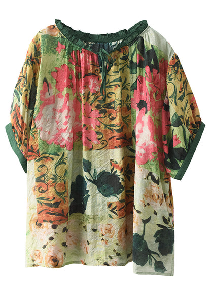 Women Summer Artsy Print Strap Loose Linen Shirt HH046