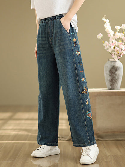Pants Embroidery Women Wide-leg Retro Denim