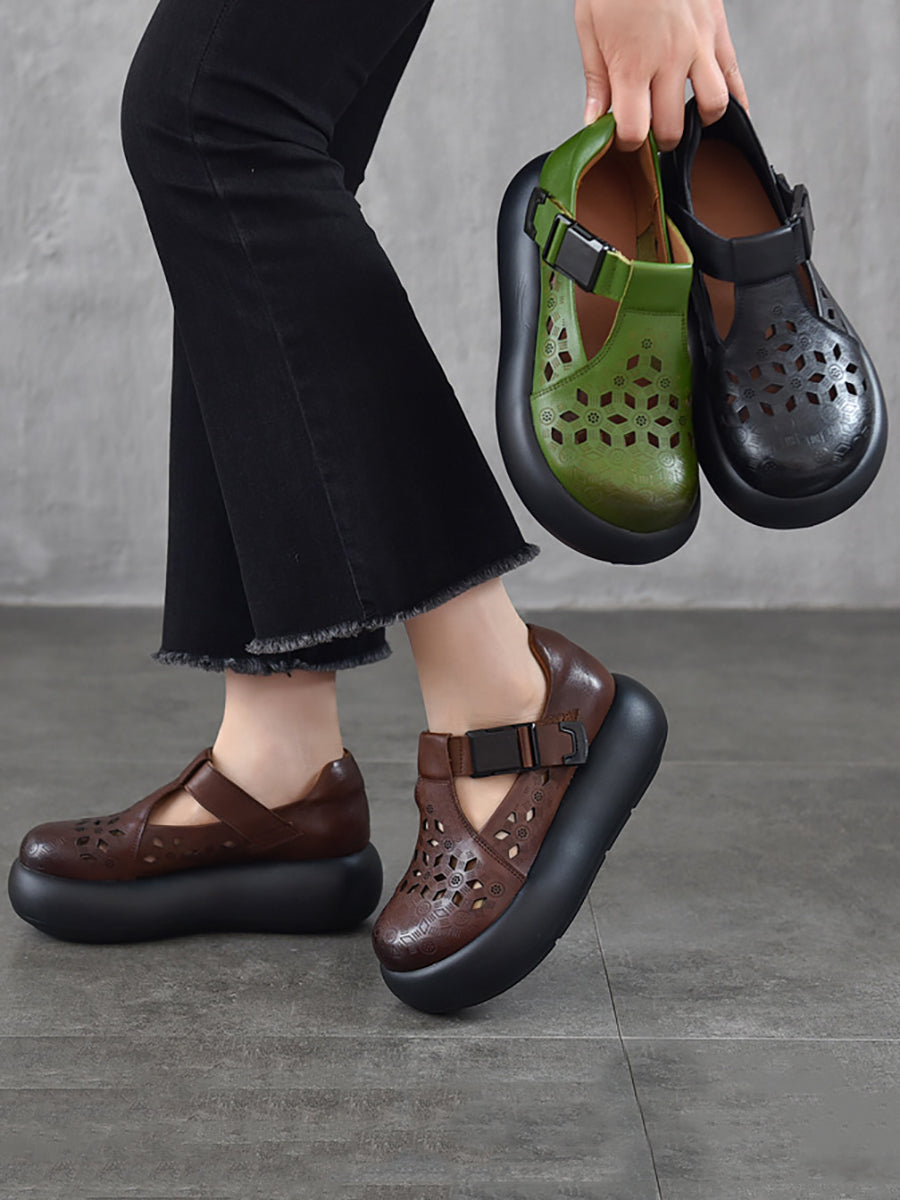 Out Hollow Casual Leather Women Genuine Shoes Summer Platform