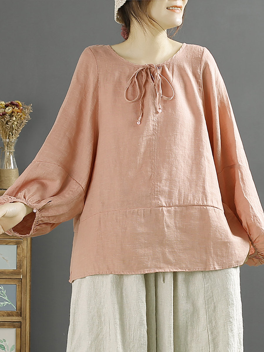 Plus Size Women Autumn O-Neck 100%Linen Loose Blouse AK1001