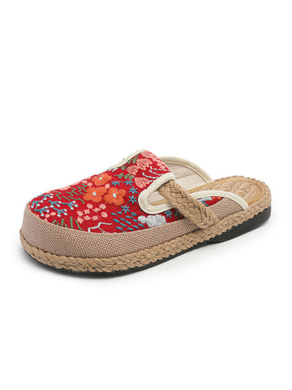Cotton Ethnic Flower Embroidery Women Slippers Summer