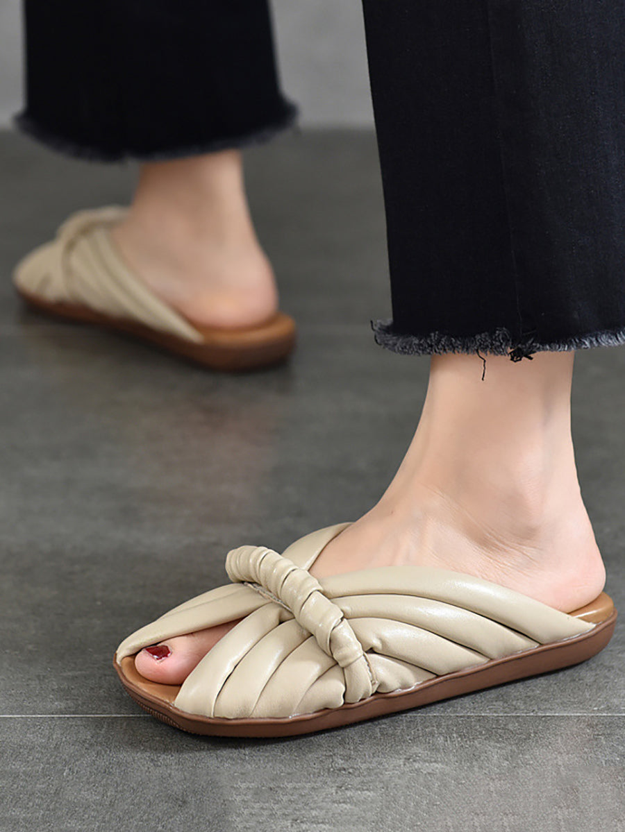 Chaussons plats d'été en cuir tressé solide pour femmes BN1013