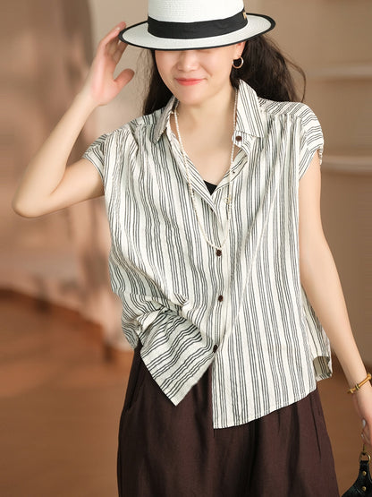 Women Summer Casual Stripe Button-up Cotton Shirt LL043