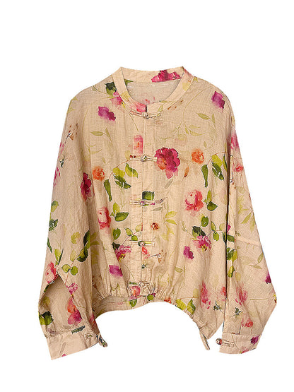 Chemise ample boutonnée à fleurs vintage pour femme en ramie ZZ1035