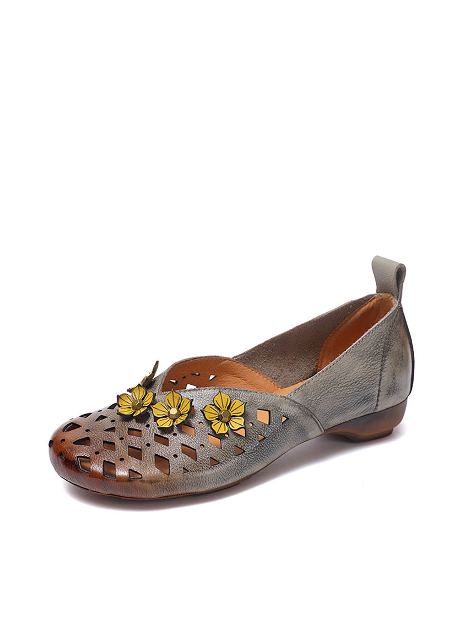 Heel Flower Hollow Low Shoes Leather Women Out Ethnic