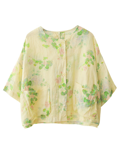 Women Summer Artsy Flower Button-up Pocket Ramie Shirt CC047