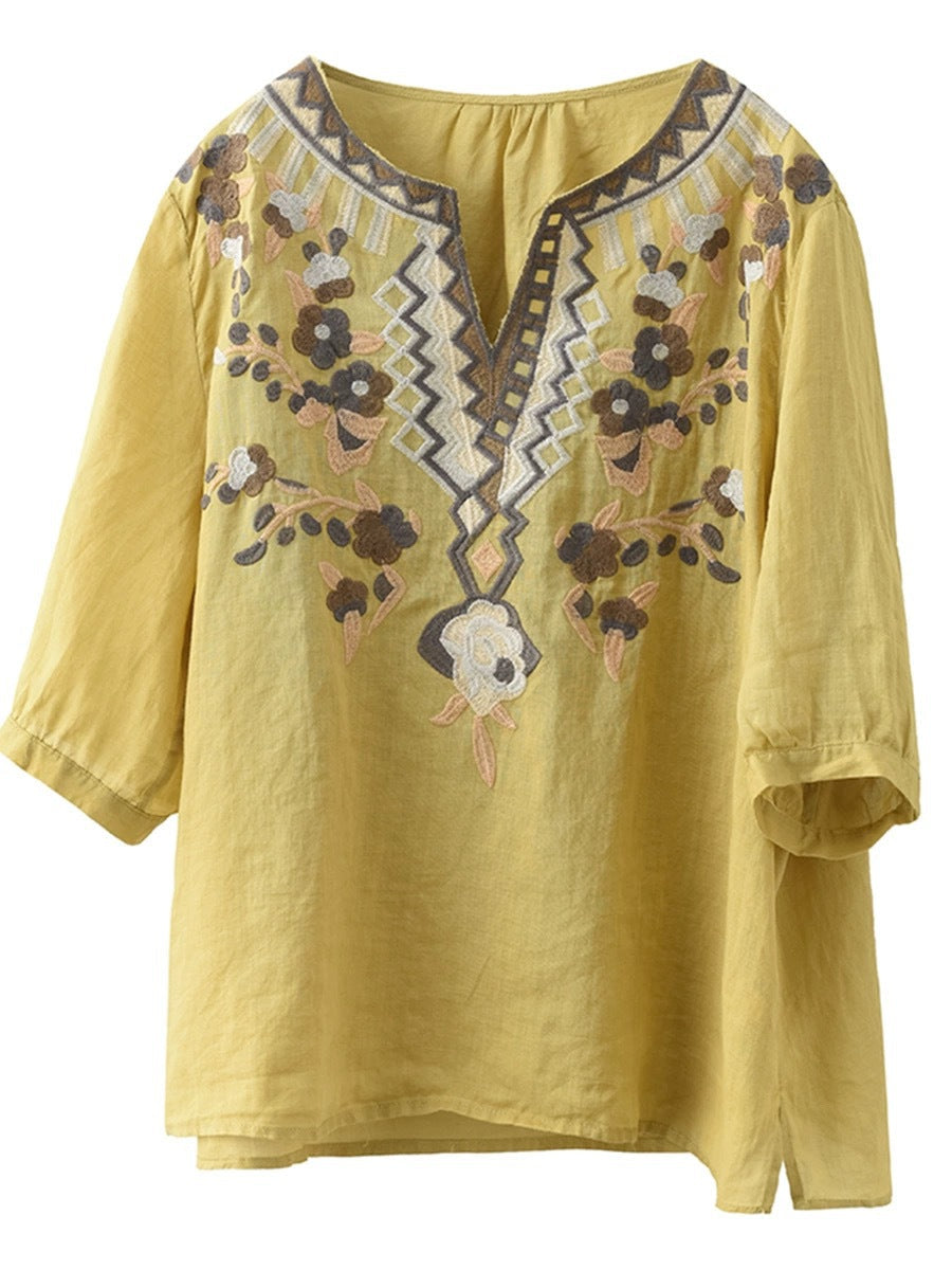 Chemise d'été en ramie brodée de fleurs ethniques pour femmes BN1009