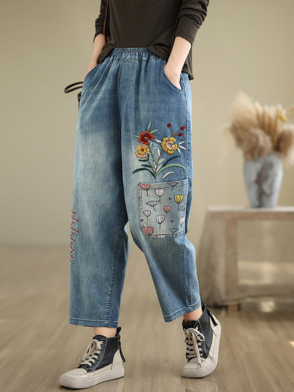 Women Autumn Artsy Flower Embroidery Denim Harem Pants AI1074