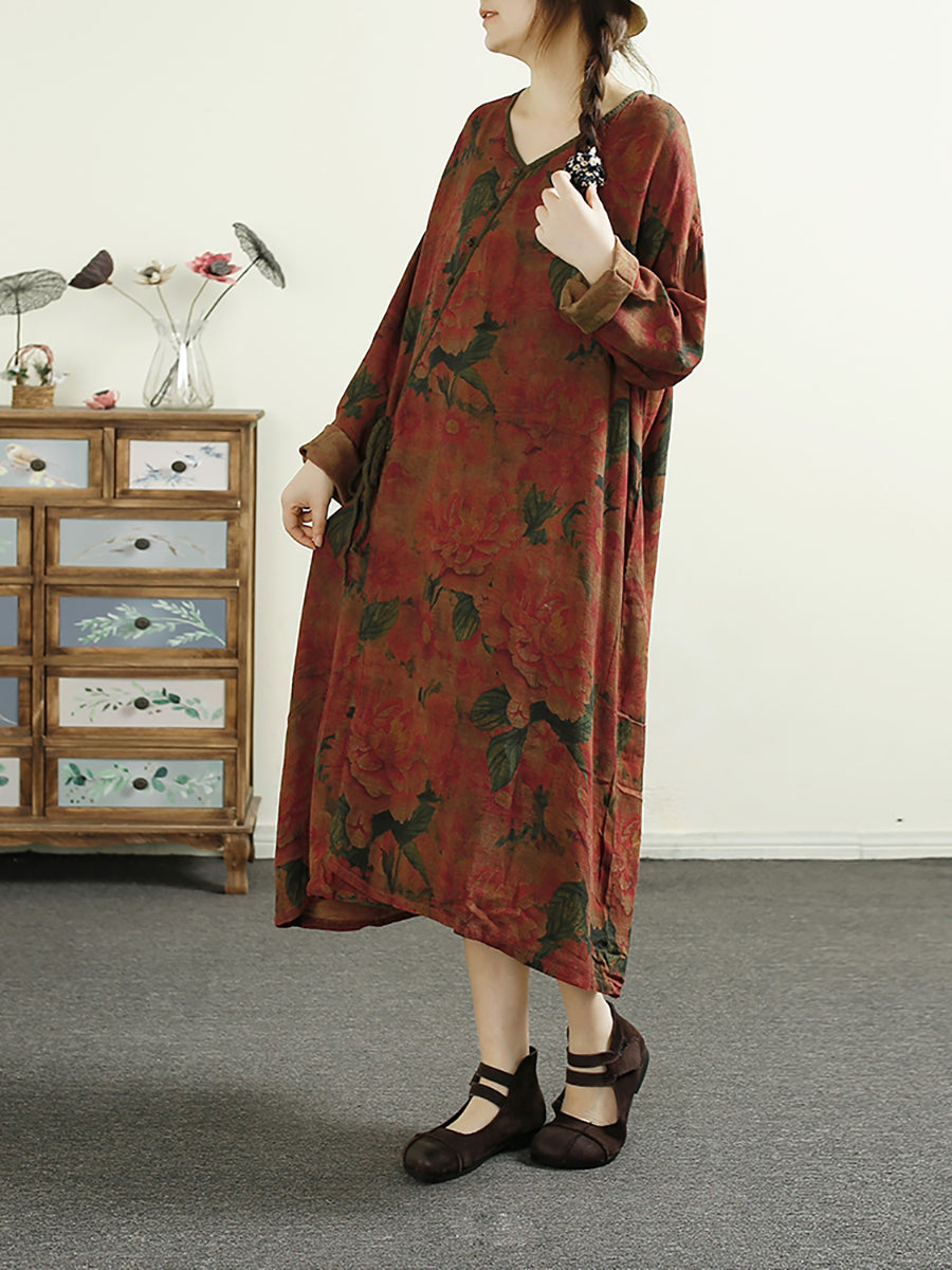 Women Vintage Autumn Flower Strap V-Neck Cotton Dress AS1016