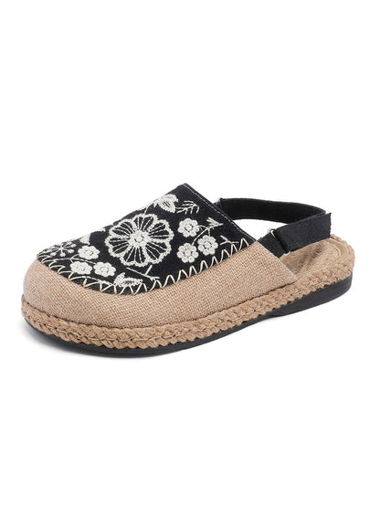 Women Sandals Linen Embroidery Ethnic Flower