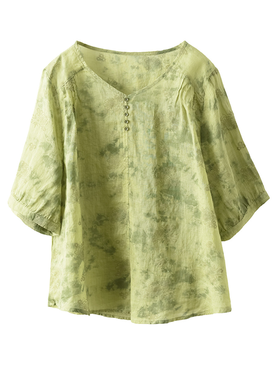 Chemise d'été en ramie fine à col en V et motif floral artistique pour femme FD004