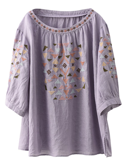 Women Summer Vintage Embroidery O-Neck Ramie Shirt OP1042