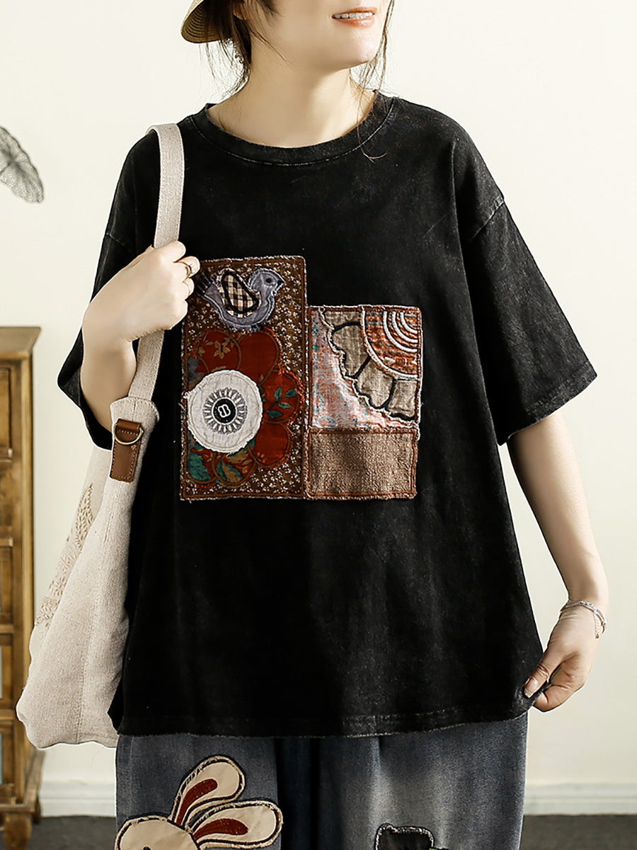 Women Summer Vintage Patch Spliced O-Neck Cotton Shirt HH039