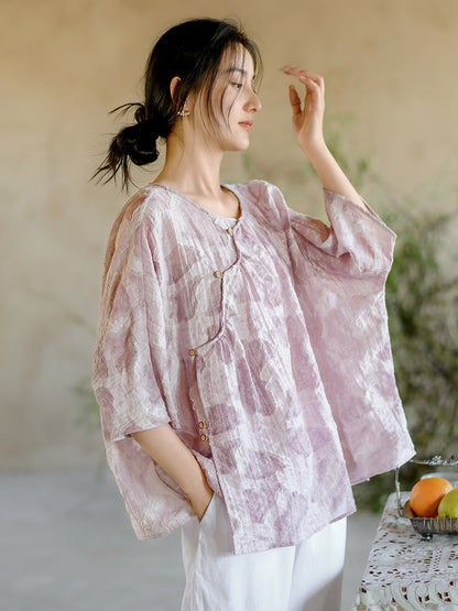 Women Summer Vintage Print O-Neck Button Loose Shirt II1009