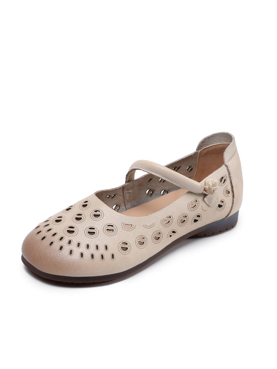 Genuine Shoes Women Summer Hollow Out Heel Low Leather