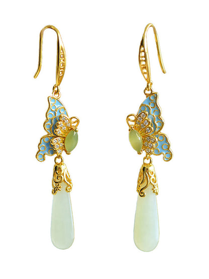 Butterfly Ethnic Enamel Earrings Women Jade S925Silver