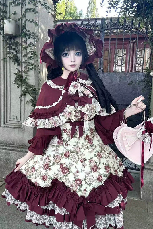Off Shoulder Ruffled Bow Lace Gothic Lolita JSK Dress with Rose Print