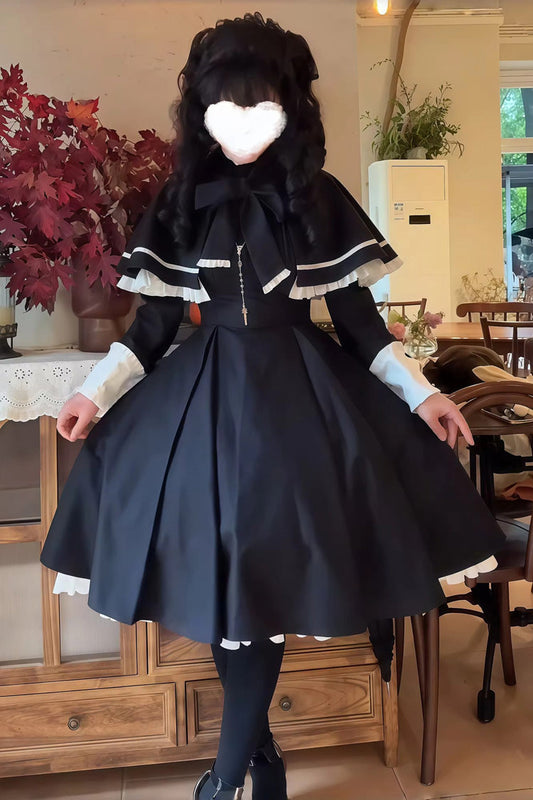 Maid Lolita Two-Piece Set with Cloak - Ruffled Bow Design