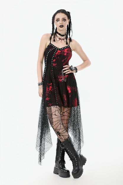Crimson Punk Slip Dress with Asymmetric Tie-Dye and Mesh Hem