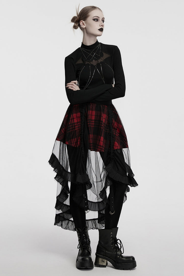 Crimson & Obsidian Ruffle Stitching Mesh Plaid High/Low Gothic Skirt