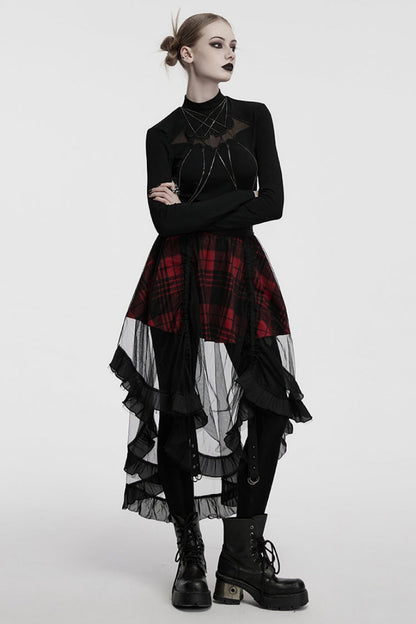 Crimson & Obsidian Ruffle Stitching Mesh Plaid High/Low Gothic Skirt