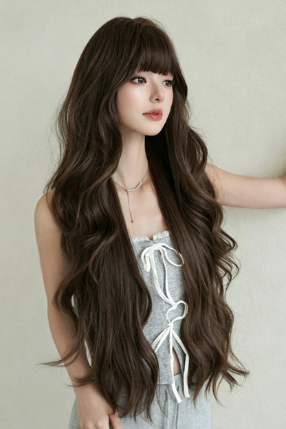 Fluffy Extra Long Loose Wave Sweet Lolita Wig with Full Bangs in Morandi Tea Brown
